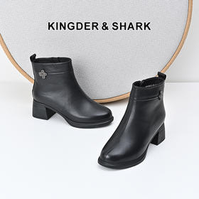 经典鲨2024冬季款百搭圆头加绒加厚侧拉链中粗跟时装短靴女KD29-D58111