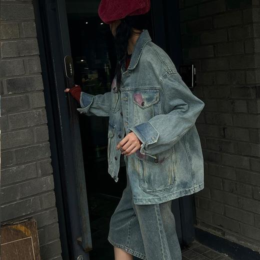 【顺丰包邮】41854 洛诗琳复古做旧喷涂重工设计感牛仔外套男女同款517 商品图2