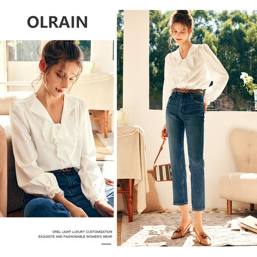 
OLrain欧芮儿法式米白色雪纺蕾丝衫女秋季2024新款提花荷叶边上衣 商品图1
