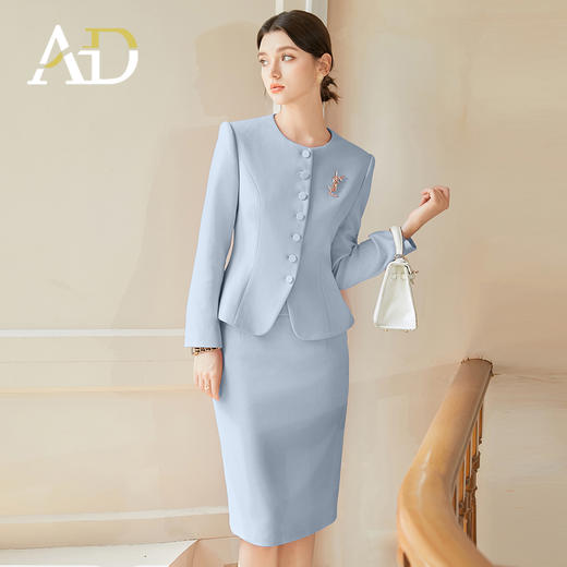 AD秋装女款2024年新款套装时尚气质蓝色圆领长袖外套名媛范工作服 商品图1