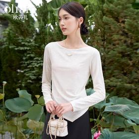 
OLrain欧芮儿米杏色提花T恤女秋2024新款设计感不规则中国风上衣