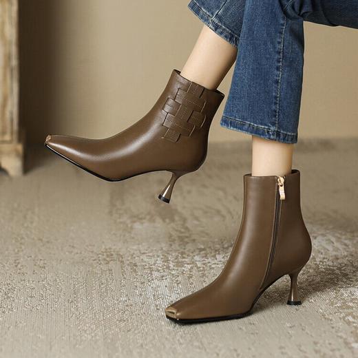 【预售5天】秋冬法式气质尖头头层拉菲牛皮编制拼接方头细跟短靴LM&LM151 商品图1
