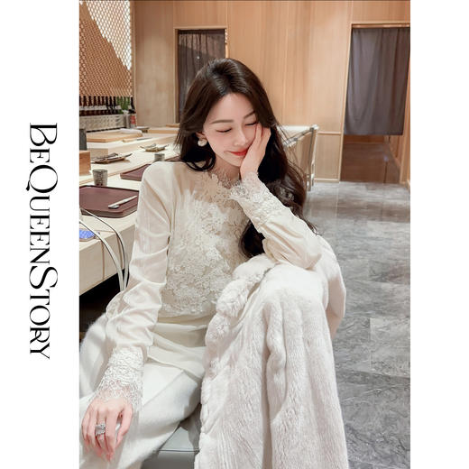 余潇潇【纷纷飞花】秋冬精致时髦拼接重工蕾丝刺绣立领打底衫 商品图3