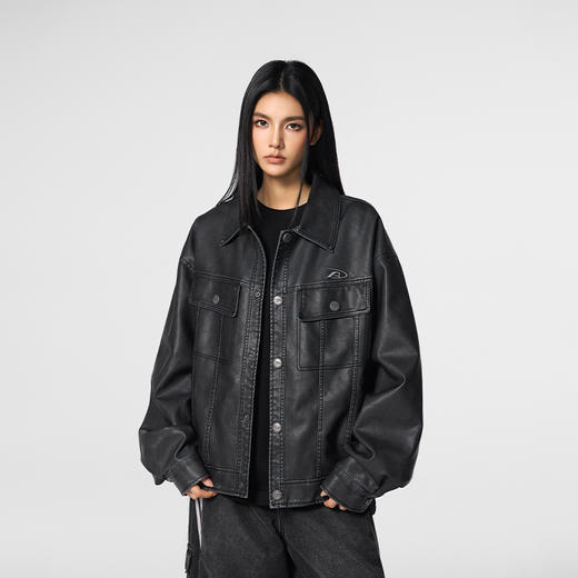 【Achock官方店】美式复古水洗翻领皮衣外套潮牌立裁显瘦夹克男女 商品图1