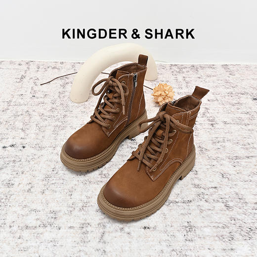 经典鲨2024年冬季新款潮酷侧拉链加绒保暖工装短筒马丁靴女KW57-D58011 商品图0