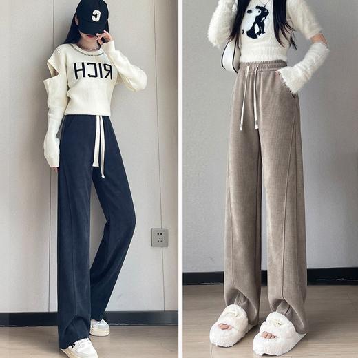 冬季加绒加厚阔腿裤女针织保暖香蕉裤窄版高腰裤子直筒休闲裤 商品图2