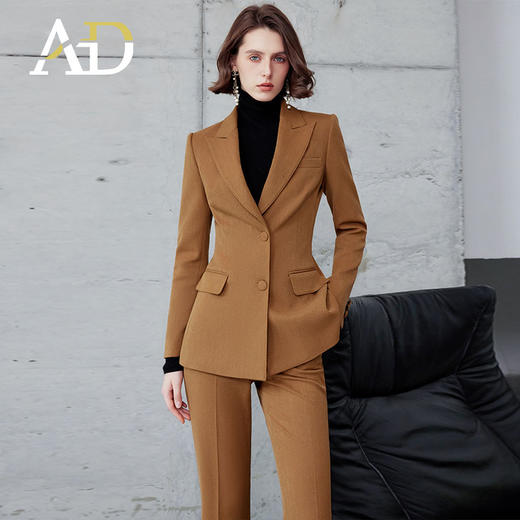 AD高级感金棕色西装套装秋冬羊毛人字纹西服正装时尚阔腿裤职业装 商品图2