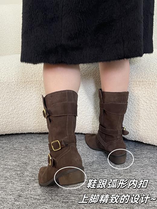 【麂皮尖头短靴】西部牛仔靴骑士靴女靴子美拉德短靴，超大靴筒，筒口内里牛皮，绒里绒垫，4.5厘米跟高， 商品图7