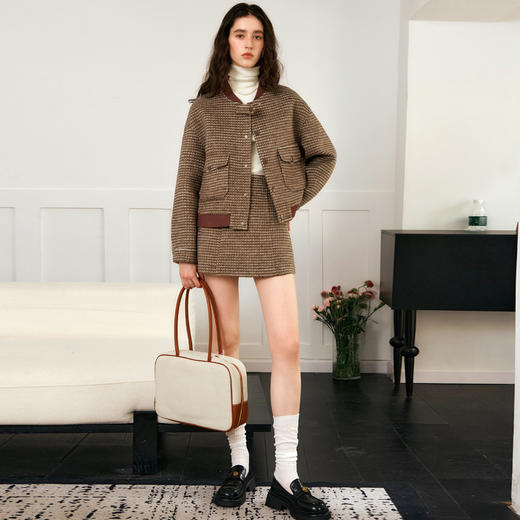 OLrain欧芮儿棕色时尚套装女冬季2024年新款毛呢A字短裙两件套 商品图2