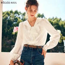 
OLrain欧芮儿法式米白色雪纺蕾丝衫女秋季2024新款提花荷叶边上衣