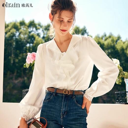 
OLrain欧芮儿法式米白色雪纺蕾丝衫女秋季2024新款提花荷叶边上衣 商品图0