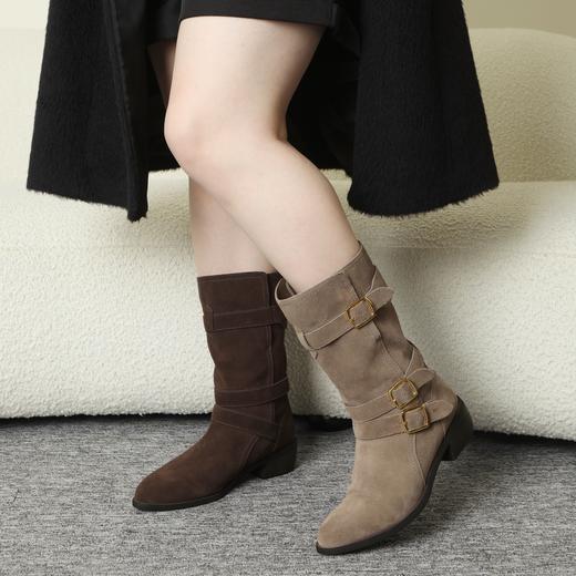 【麂皮尖头短靴】西部牛仔靴骑士靴女靴子美拉德短靴，超大靴筒，筒口内里牛皮，绒里绒垫，4.5厘米跟高， 商品图3