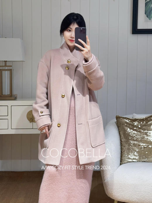 COCOBELLA气质粉温柔风毛呢外套质感金属扣中长款大衣WL7063 商品图3