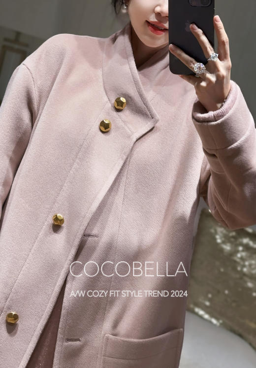 COCOBELLA气质粉温柔风毛呢外套质感金属扣中长款大衣WL7063 商品图4
