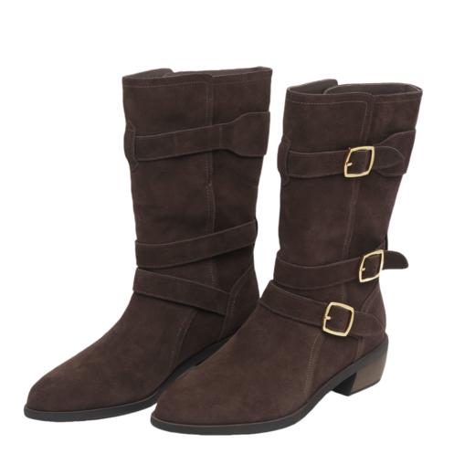 【麂皮尖头短靴】西部牛仔靴骑士靴女靴子美拉德短靴，超大靴筒，筒口内里牛皮，绒里绒垫，4.5厘米跟高， 商品图13