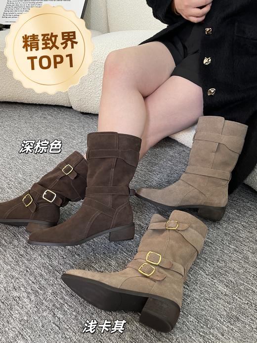 【麂皮尖头短靴】西部牛仔靴骑士靴女靴子美拉德短靴，超大靴筒，筒口内里牛皮，绒里绒垫，4.5厘米跟高， 商品图12