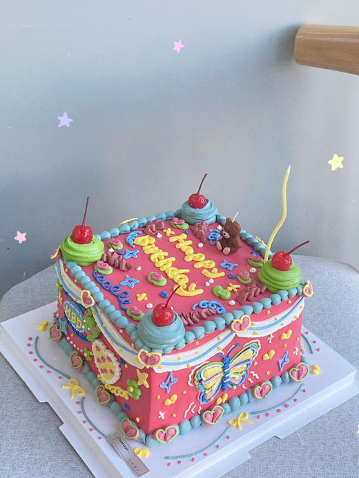 「女孩」手绘荧光色方形超可爱蛋糕 商品图3