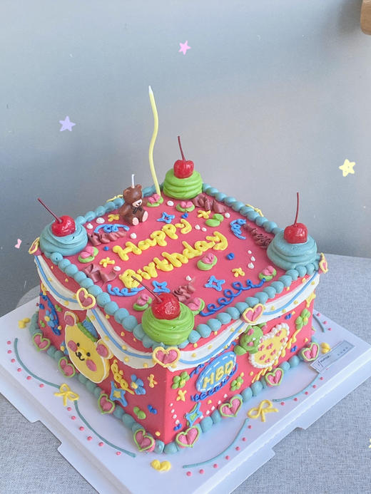 「女孩」手绘荧光色方形超可爱蛋糕 商品图2