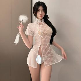 蕾丝拼纱透身裸臀旗袍6232