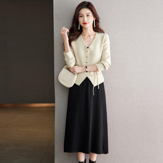 时尚套装V领针织开衫搭配修身收腰连衣裙两件套CC&22-1307 商品图0