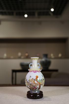 仿清乾隆珐琅彩题诗花石锦鸡图双耳瓶