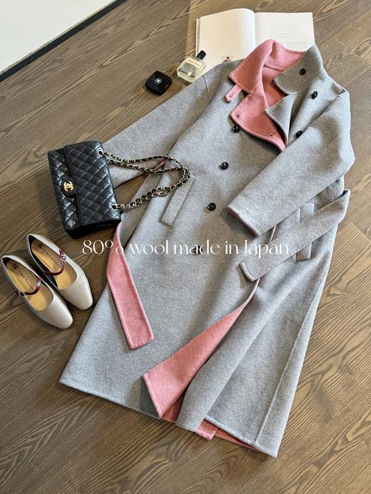 元气感满满 日本进口80%羊毛 纯手工制双面呢大衣 抗风保暖 莫兰迪灰粉 商品图0