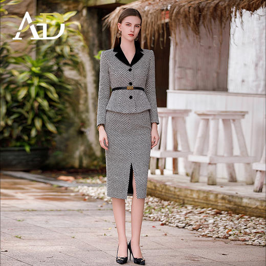 AD丝绒黑白格纹小香风套装裙秋冬2024新款名媛范两件套开叉半身裙 商品图0