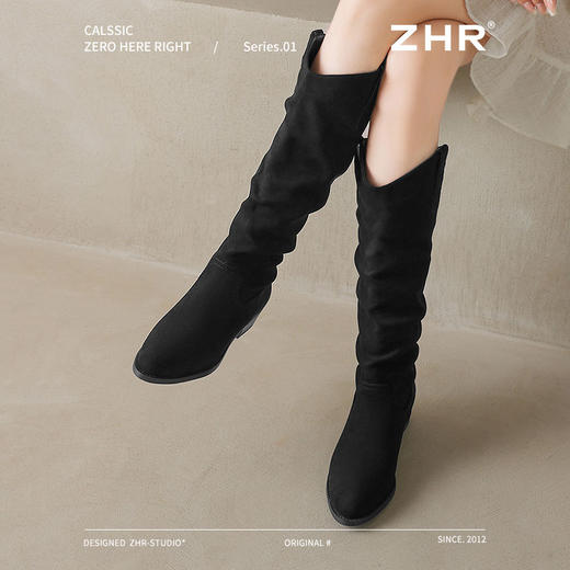 ZHR则则绒面尖头长筒靴女2024冬新款薄绒保暖骑士靴软底V口堆堆靴 商品图9