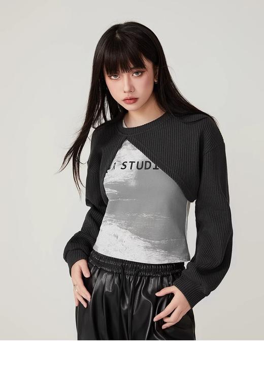 <曾小咸推荐>不规则针织毛衣字母印花吊带背心两件套 商品图3