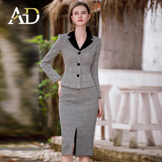 AD丝绒黑白格纹小香风套装裙秋冬2024新款名媛范两件套开叉半身裙 商品图2