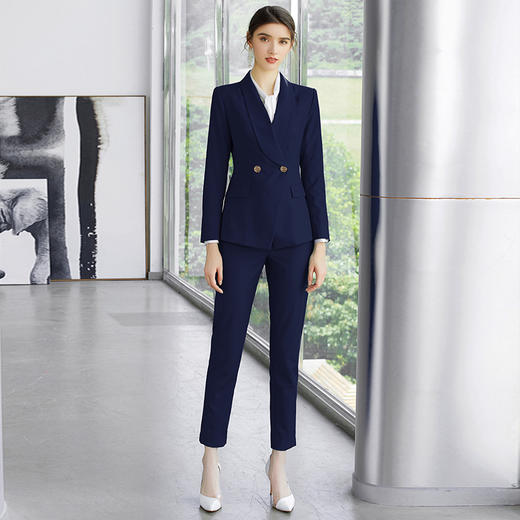 AD正装女套装春季藏青色工作服气质青果领西装套裤时尚商务职业装 商品图0