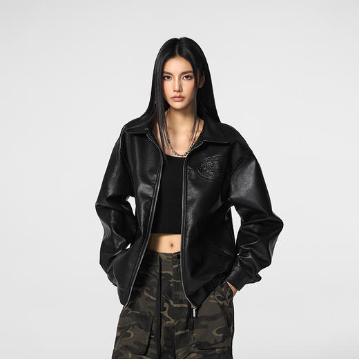 【Achock官方店】个性字母钢印夹克外套男女新款潮牌美式工装皮衣 商品图0