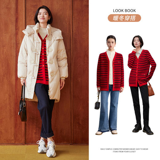 【商场同款】CNR4A97“经典条纹开衫”氛围感红色轻松愉悦 松H廓形中长款包容腰胯 浮雕金属扣增添时尚奢华感 肌理感针法有质感 羊毛开衫 商品图11