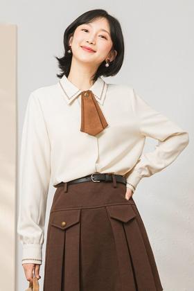 LNNNS 米色领结翻领衬衫上衣 19794