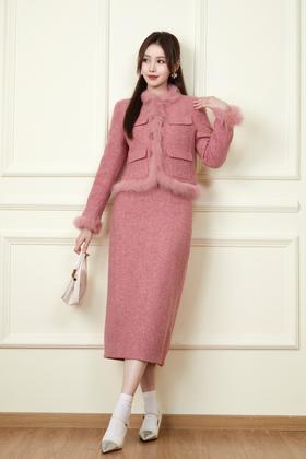 Le Malene 粉色小香风毛绒边羊毛羽绒套装 19817