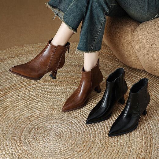 【预售5天】优雅复古羊皮踝靴秋冬新款高跟OL尖头真皮短靴女MLJ&C51 商品图1