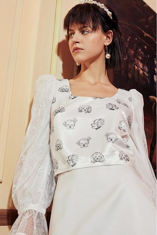 komello 印花拼接网纱复古方领上衣 14582 商品图2