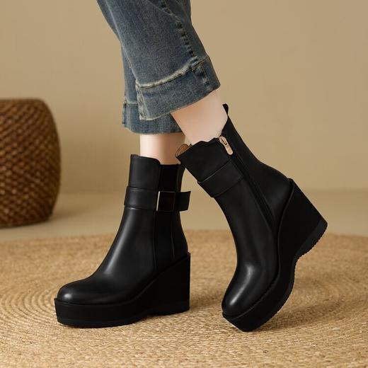 【预售5天】秋冬皮靴增高鞋圆头坡跟靴子高跟短靴女厚底性感牛皮真皮女靴NWS1&N9648 商品图2