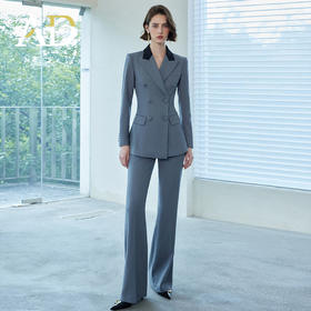 AD拼色西装外套轻奢职场女装2024秋冬新款羊毛西装套装灰色职业装