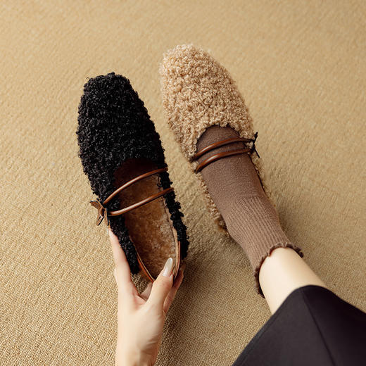 K1231R秋冬季保暖毛毛鞋女外穿加绒单鞋女浅口平底鞋软底舒适玛丽珍鞋 商品图0