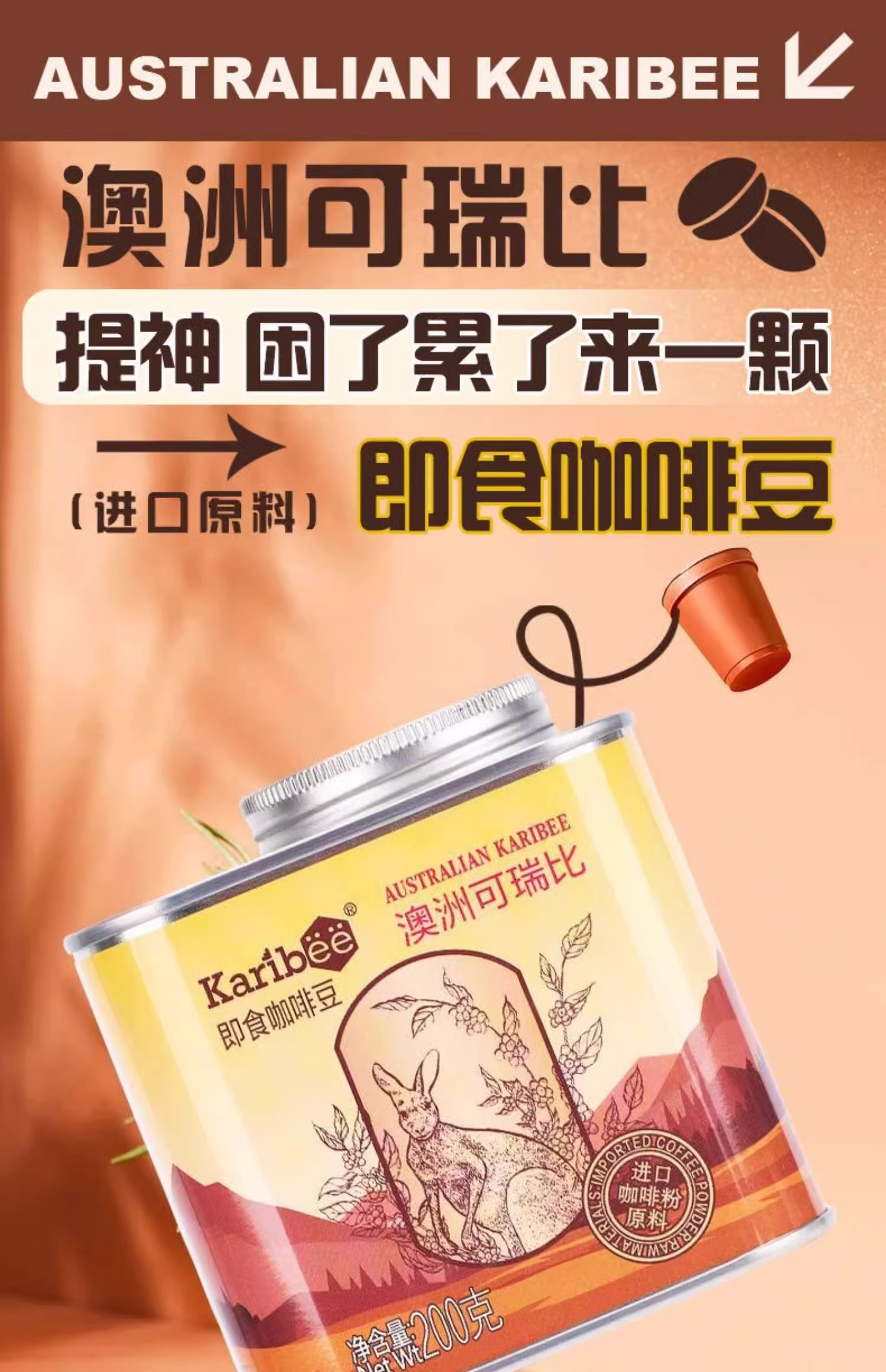 Karibee可瑞比 即食咖啡豆 免泡咖啡糖果 熬夜开车犯困提神小零食       200g*2罐