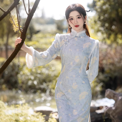 YG-2499蓝色旗袍秋冬款加绒加厚独特绝美小个子改良年轻款年会 商品图1