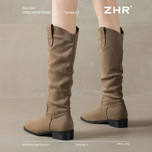 ZHR则则绒面尖头长筒靴女2024冬新款薄绒保暖骑士靴软底V口堆堆靴 商品图8
