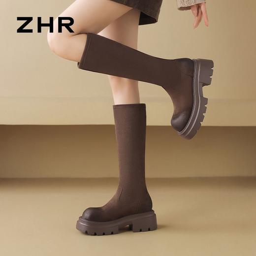 ZHR则则简约纯色弹力瘦瘦靴女靴2024秋冬新款时尚复古百搭骑士靴 商品图8