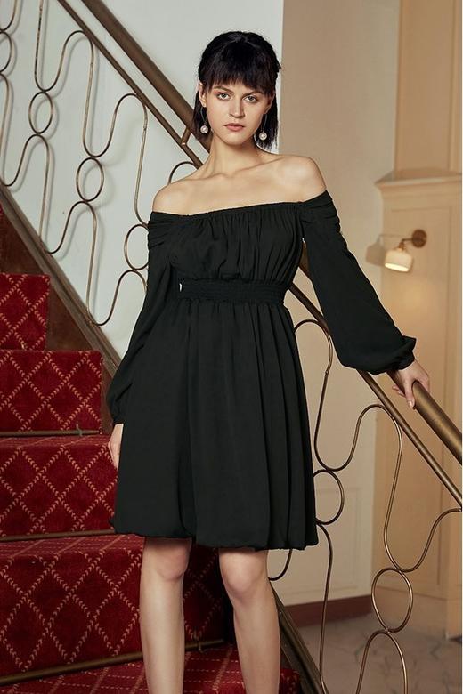 komello 经典复古一字肩黑色连衣裙 14576 商品图0