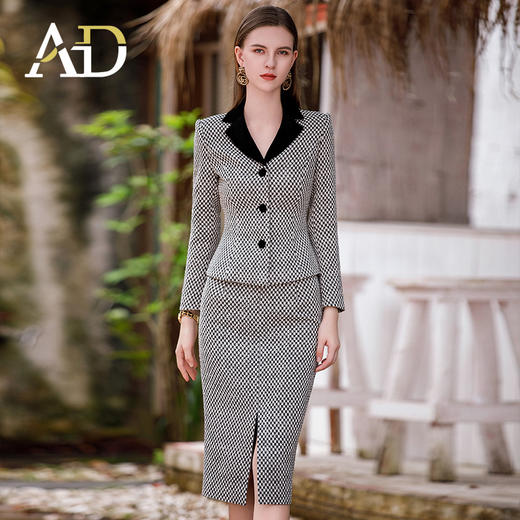 AD丝绒黑白格纹小香风套装裙秋冬2024新款名媛范两件套开叉半身裙 商品图1