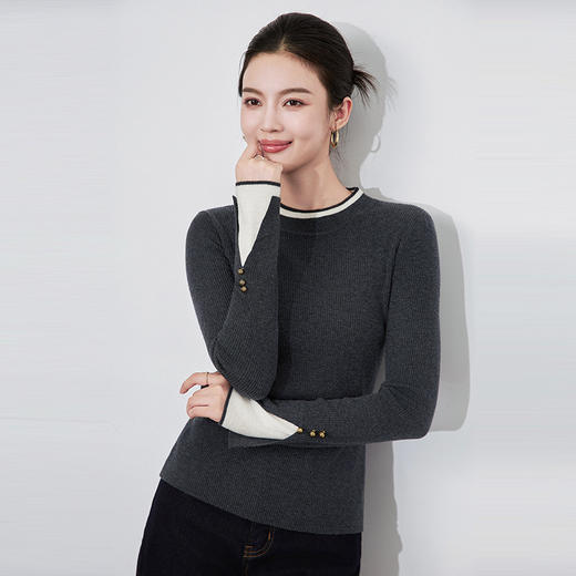 【高货wl】全新升级【铂金会员174/天猫229/差价55】(01641) 洛诗琳时尚休闲圆领撞色显瘦长袖打底上衣假两件针织衫 商品图0