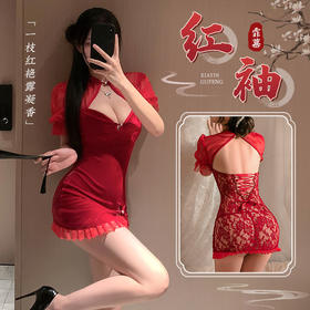 丝绒拼蕾丝妩媚透臀旗袍6595（有大码）