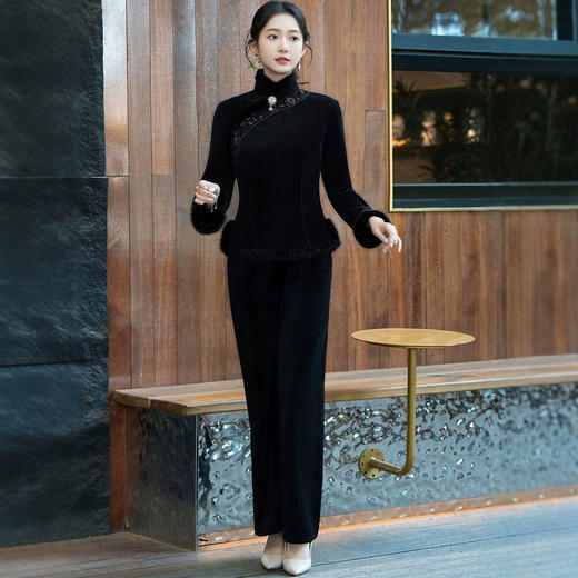 HQ-356加绒加厚旗袍上衣2024冬季新款复古改良新中式国风套装气质优雅女 商品图3