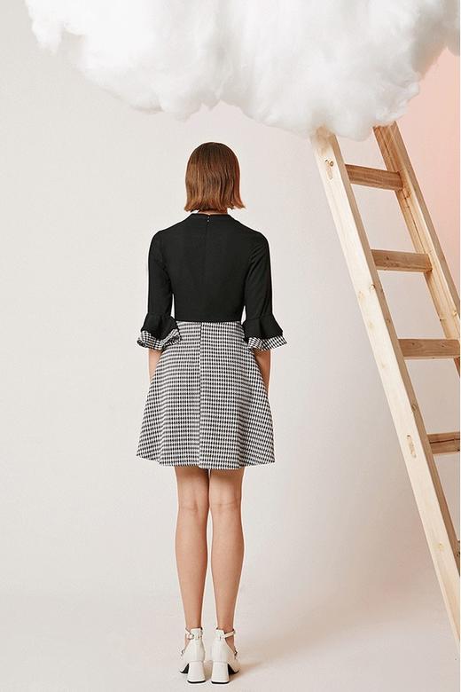 komello 名媛千鸟格喇叭袖连衣裙 14616 商品图1